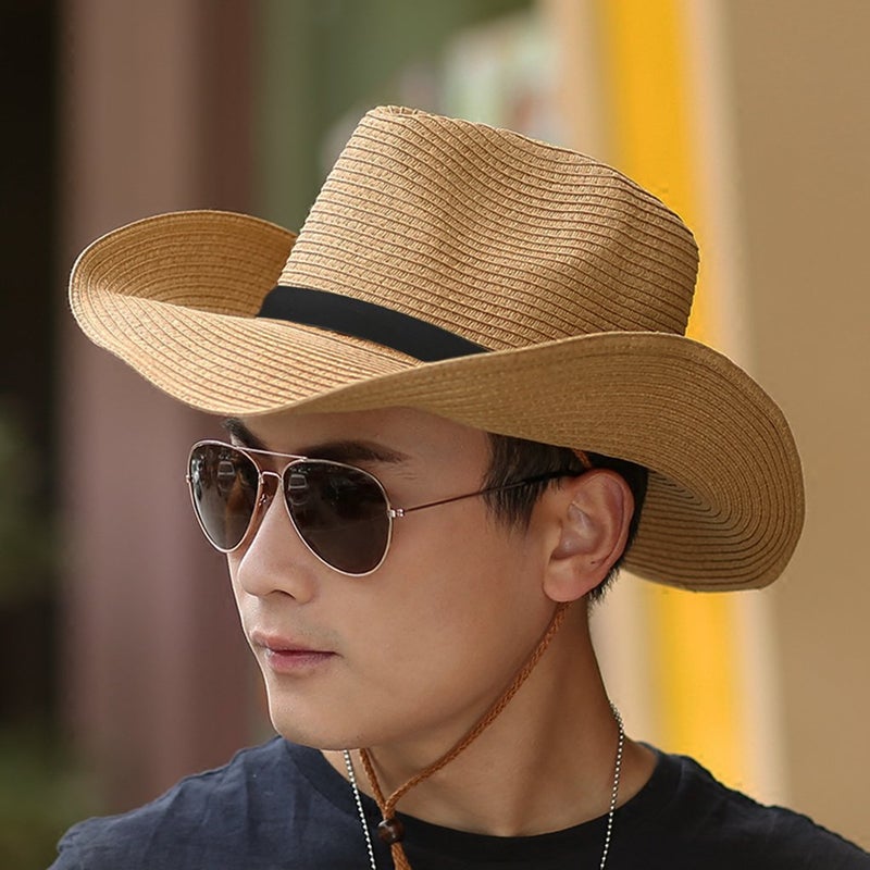 Fakeface Men's Floppy Packable Straw Hat - Western Newsboy Cap Fedora with UPF 50+ Roll Up Foldable Large Brim Outback Sun Hat - Adjustable Chin Cord Strap - Outdoor Fishing Cap - Safari Hat - Khaki - Image 2
